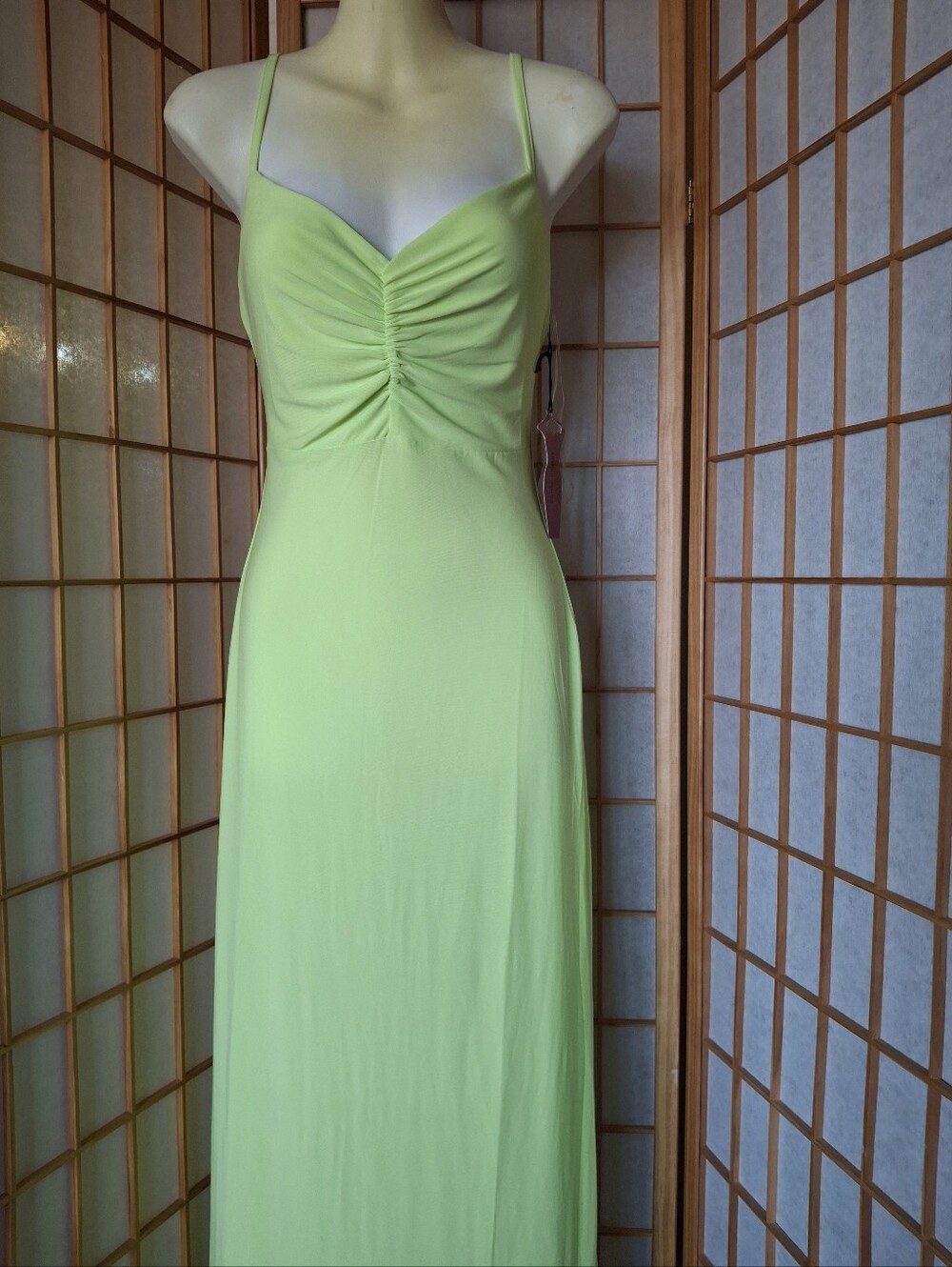 Haute Monde Light Green Ruched Spaghetti-Strap Maxi Dress